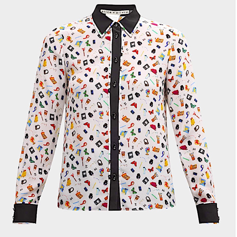 Alice + Olivia Women's Grey Willa Staceface Placket Silk Top